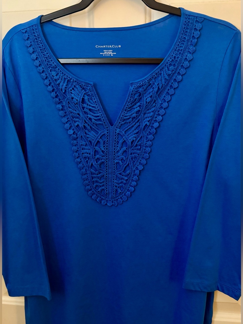 Charter Club Top 100% Cotton Boho Style Blue Crochet-Trim Top Size -  XL - Picture 3 of 9